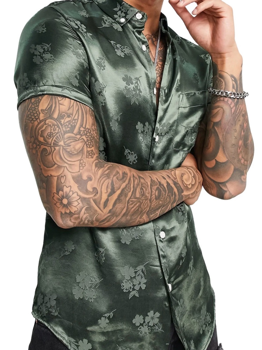 ASOS Satin Short-Sleeve Floral Button-Down Shirt - Dark Green